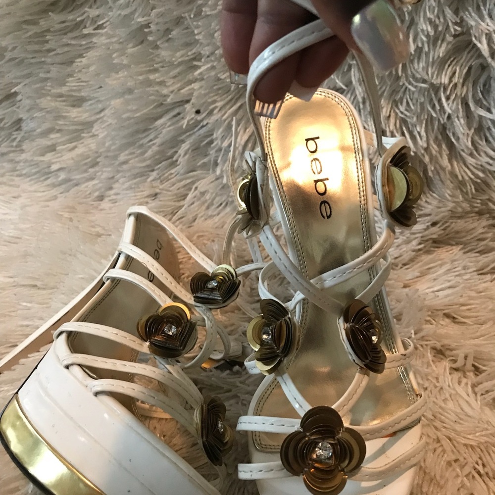 BeBe white and gold heels once worn